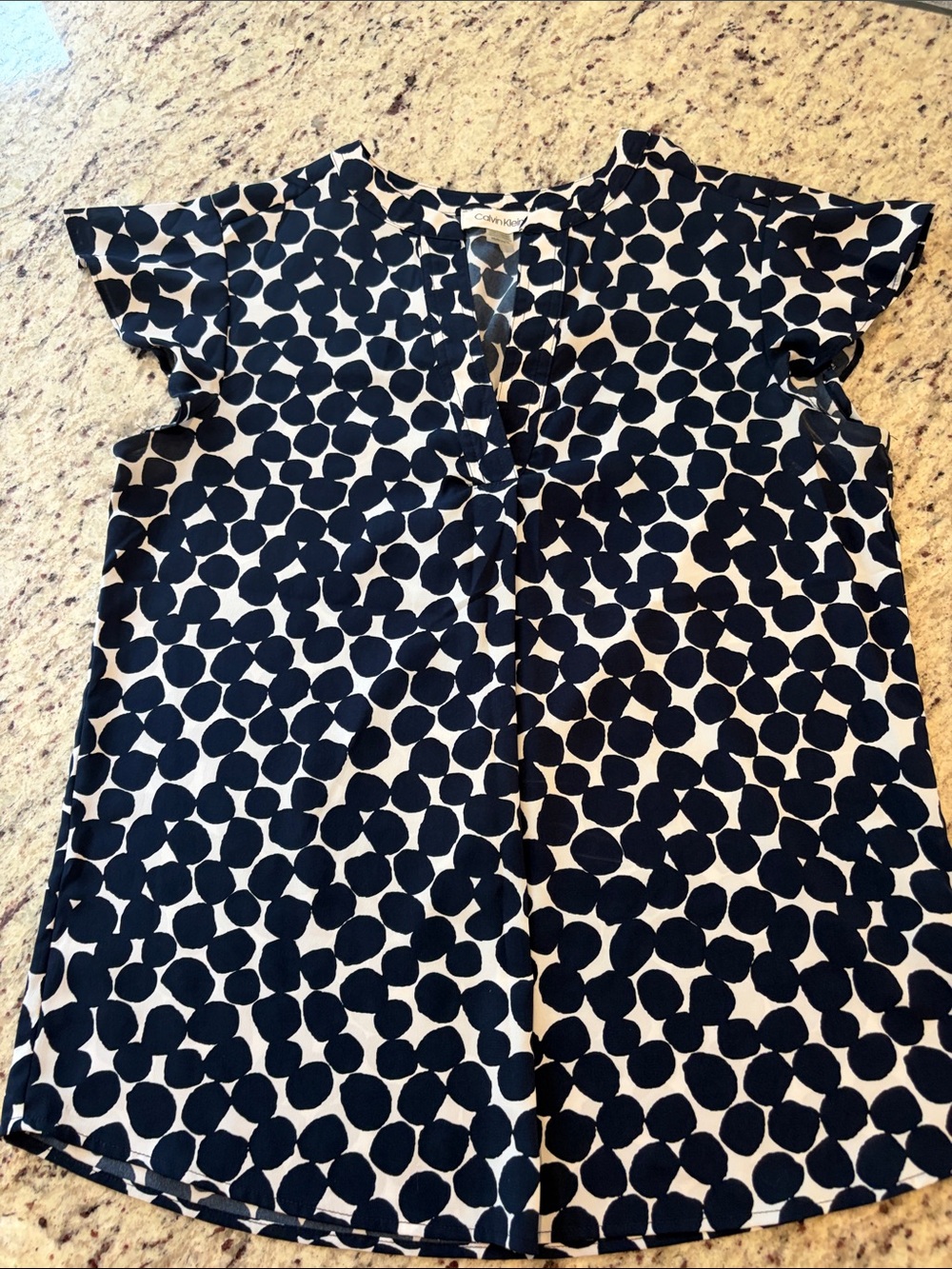 Calvin Klein Navy & White Polka Dot Flutter Sleeve Blouse